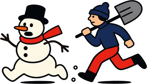 Snowaway logo: a snowman running away from a person with a shovel